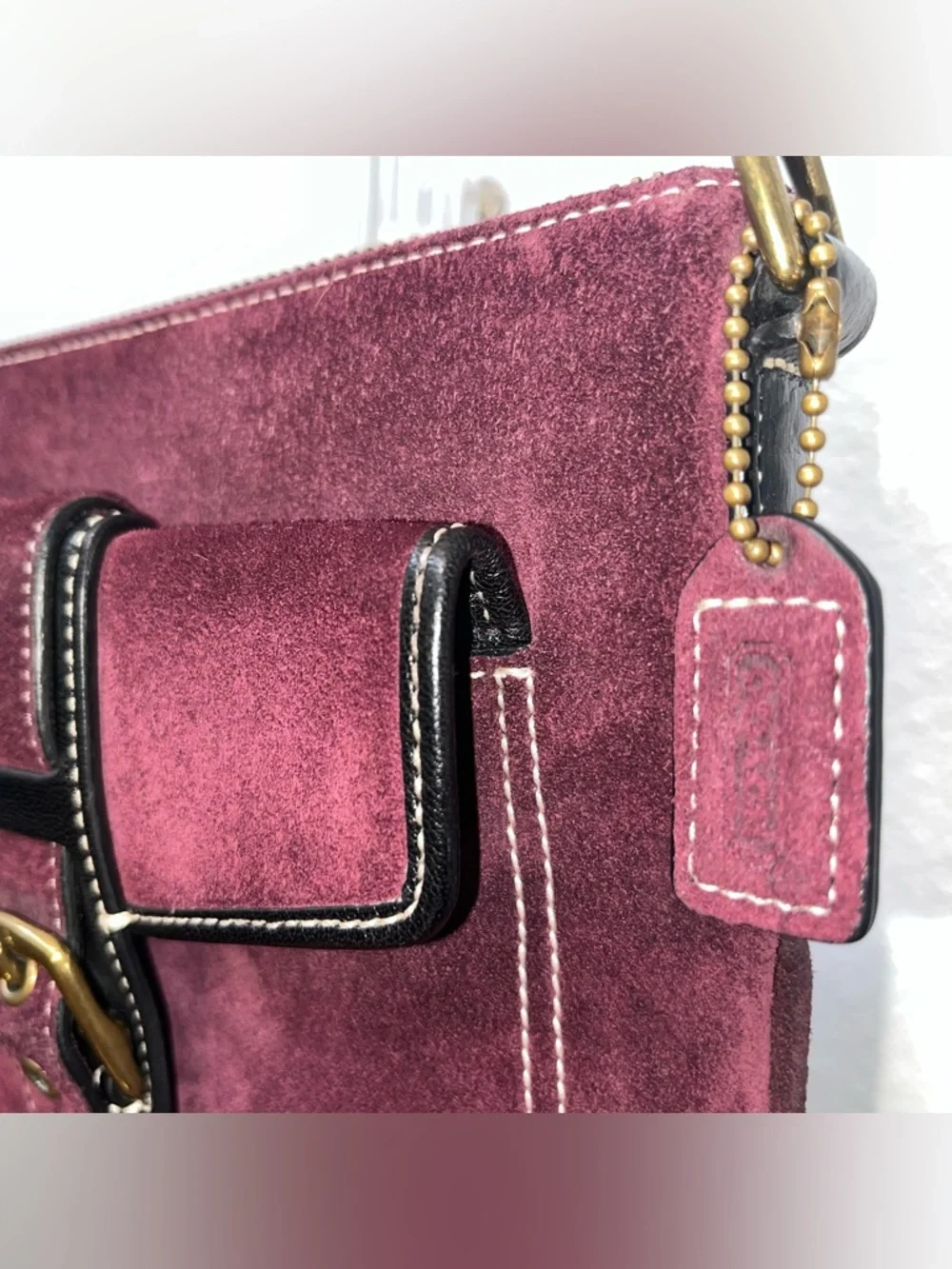 Coach Burgundy Suede Crossbody Bag with Black Trim & Gold Hardware